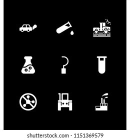 9 toxic icons in vector set. test tube, agriculture, industrial building with contaminants and pesticide illustration for web and graphic design