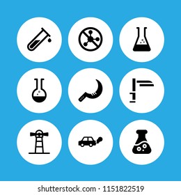 9 toxic icons in vector set. test tube, agriculture, beaker and pesticide illustration for web and graphic design