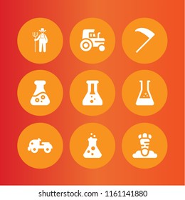 9 toxic icons in vector set. farm tractor, tractor, flask and agriculture illustration for web and graphic design
