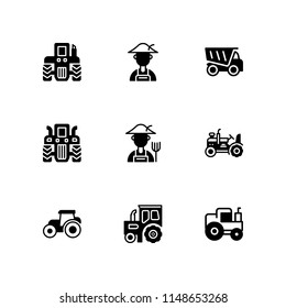 9 tractor icon set with dumper, tractor and farmer vector illustration for graphic design and web
