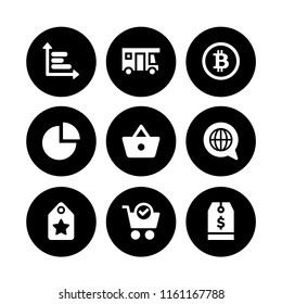 9 trade icons in vector set. price, cart, voucher and bitcoin illustration for web and graphic design