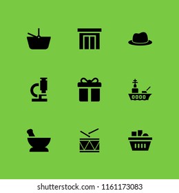 9 traditional icons in vector set. basket, mortar, military drum musical instrument and giftbox illustration for web and graphic design