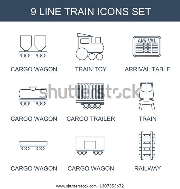 9 train icons. Trendy\
train icons white background. Included line icons such as cargo\
wagon, train toy, arrival table, cargo trailer, railway. icon for\
web and mobile.