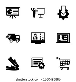 9 training filled icons set isolated on white background. Icons set with Presentation, coach, Online tutorial, Webinar, Distance teacher, sneakers, Interactive Course, Distance Exam icons.