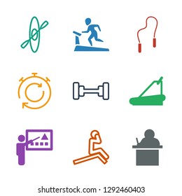 9 training icons. Trendy training icons white background. Included filled and outline icons such as teacher, man doing exercises, treadmill. training icon for web and mobile.