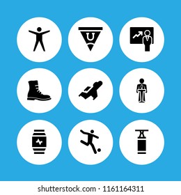 9 training icons in vector set. military boot, boxing bag, fighter and human illustration for web and graphic design