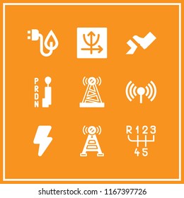 9 transmission vector icon set with electricity, gearbox, pedal and parabolic icons for mobile and web