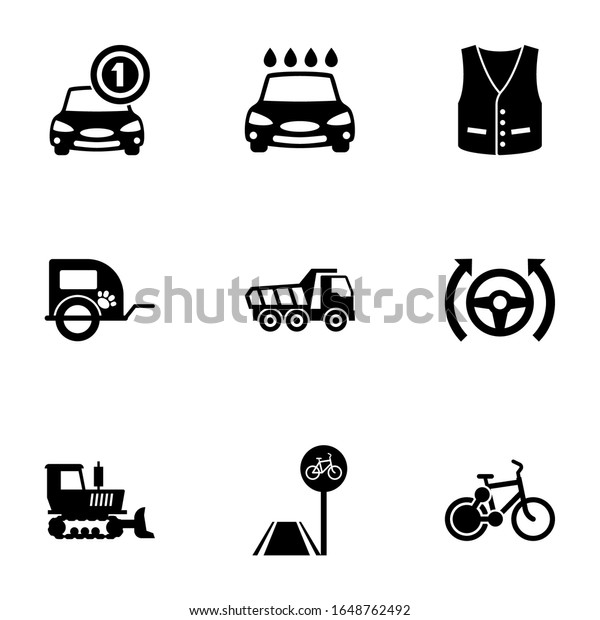 9\
transport filled icons set isolated on white background. Icons set\
with Car rental, Car wash service, vest, pet trailer, Tipper,\
Autopilot, bulldozer, bicycle lane, bike sharing\
icons.