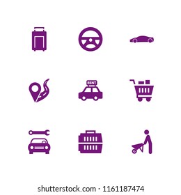 9 transport icons in vector set. shopping cart, automotive, mechanic and carrier illustration for web and graphic design
