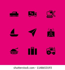 9 transportation icon set with security gate, moving truck and car vector illustration for graphic design and web