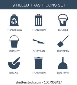 9 trash icons. Trendy trash icons white background. Included filled icons such as trash bag, bin, bucket, dustpan. icon for web and mobile.