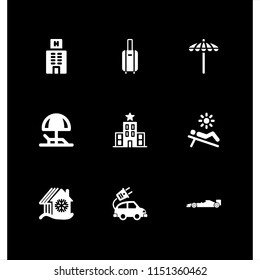 9 travel icons in vector set. hammock, hotel, mountain and suitcase with wheels illustration for web and graphic design