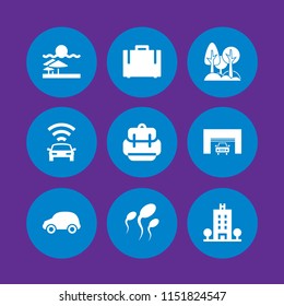 9 travel icons in vector set. hotel, green park city space, car and sand illustration for web and graphic design