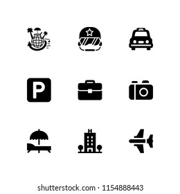 9 travel icons in vector set. pilot, aircraft, camera and earth paradise illustration for web and graphic design