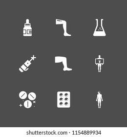 9 treatment icons in vector set. beaker, medicine, blister and laser illustration for web and graphic design