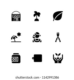 9 tree icon set with conserve, beach and barn vector illustration for graphic design and web