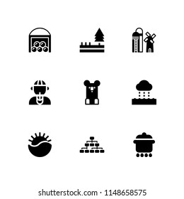 9 tree icon set with hierarchical structure, pot and sunset vector illustration for graphic design and web