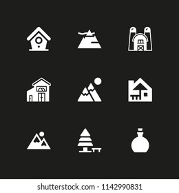 9 tree icon set with olive oil, bird house and barn vector illustration for graphic design and web