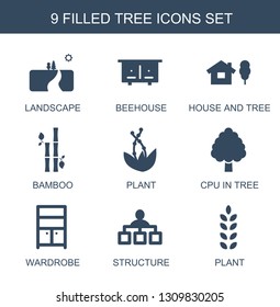9 tree icons. Trendy tree icons white background. Included filled icons such as landscape, beehouse, house and tree, bamboo, plant, CPU in tree. icon for web and mobile.