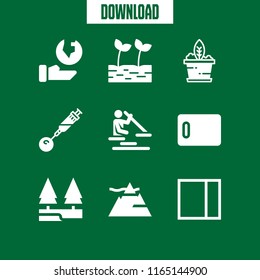 9 Tree Vector Icon Set With Mountain, Insecticide, Kitchen Board And River Walk Icons For Mobile And Web