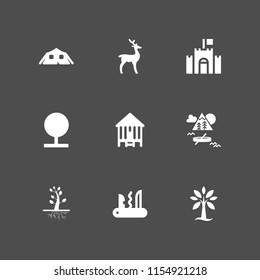 9 trees icons in vector set. camping, forest, castle and hunt illustration for web and graphic design
