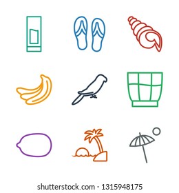 9 tropical icons. Trendy tropical icons white background. Included outline icons such as umbrella, island, Lemon, drink, parrot, banana, shell. tropical icon for web and mobile.