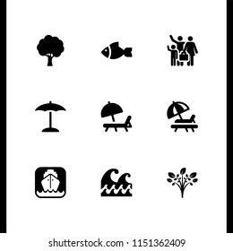 9 tropical icons in vector set. tree silhouette, sunbed, fish and beach illustration for web and graphic design