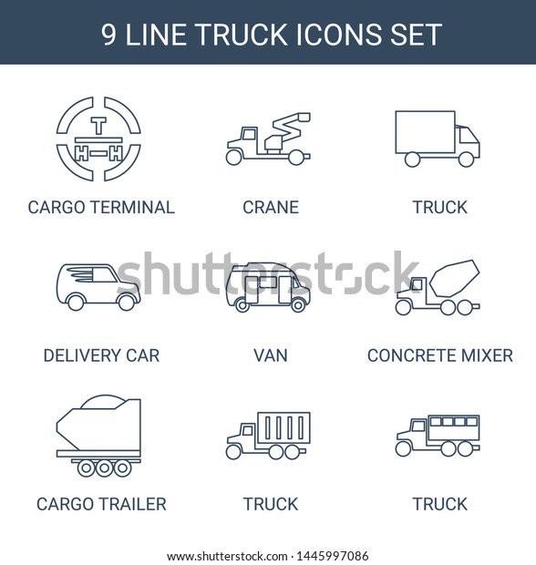 9
truck icons. Trendy truck icons white background. Included line
icons such as cargo terminal, crane, delivery car, van, concrete
mixer, cargo trailer. truck icon for web and
mobile.