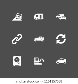 9 truck icons in vector set. transport, load, driver and chain illustration for web and graphic design