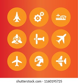 9 turbine icons in vector set. aircraft, gearwheels couple, airplane and flight illustration for web and graphic design