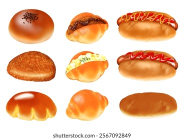 9 types of bread: Anpan, curry bread, cream bread, hot dog, snack