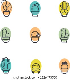 9 types of cacti in pots, drawn by a stroke