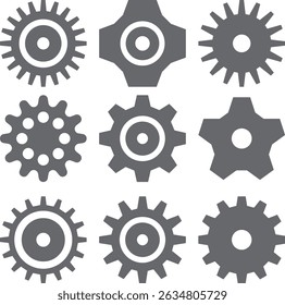 9 tipos de ícones de engrenagens em cinza. Perfeito para design de interface do usuário, ilustrações de engenharia e projetos relacionados à tecnologia. Este conjunto limpo e versátil se adapta tanto à Web quanto ao uso de impressão.