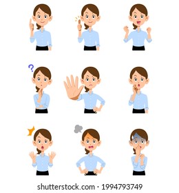 9 types of gestures and facial expressions for the upper body of a woman working in a summer office