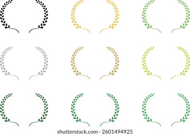 9 types of laurel wreaths. Colors are black, yellow, gold, ocher, gray, silver, green, yellow-green.
