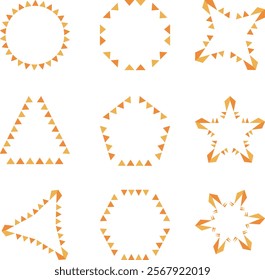 9 types of orange and yellow circles, polygons, and star-shaped triangular flag frames