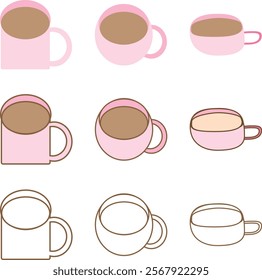 9 types of pink mugs containing mocha mousse-colored drinks and mugs with lines only