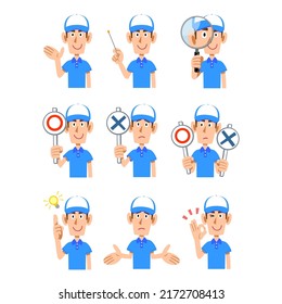 9 types of poses and facial expressions for the upper body of a male staff member wearing a short-sleeved polo shirt and a hat