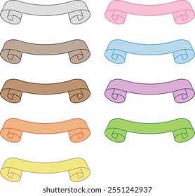 9 types of scrolling ribbons in gray, brown, orange, yellow, pink, light blue, purple, and yellow-green