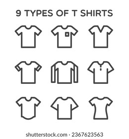 9 Arten von T-Shirts Icon Design für Ihre Mode Wardrobe. Kollektion von Line-Icons für Web-Apps und mobiles Konzept.