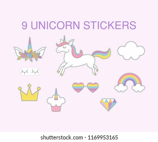 9 unicorn stickers, vector design for greeting, birthday, invitation card, Unicorn, rainbow, sweets and other objects with light pink background.