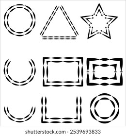 9 Unique Geometric Shape Designs Vector Set Includes Circles Triangles Rectangles and Stars with Distinct Patterns Perfect for Graphic Design Emblems Logos and Creative Digital Artwork