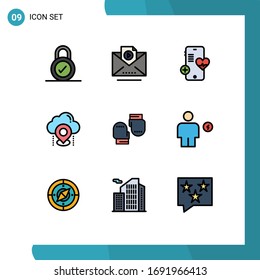 9 Universal Filledline Flat Color Signs Symbols of gloves; boxing; beat; gps; cloud Editable Vector Design Elements