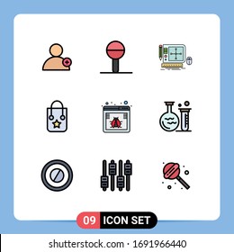 9 Universal Filledline Flat Color Signs Symbols of bug; journey; graphic; trip; handbag Editable Vector Design Elements