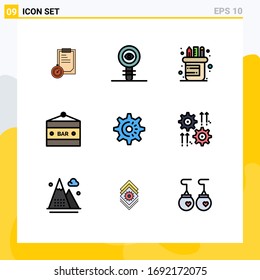 9 Universal Filledline Flat Color Signs Symbols of cog; entertainment; molecule; drink bar; bar Editable Vector Design Elements