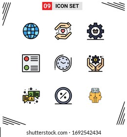 9 Universal Filledline Flat Color Signs Symbols of time; radio button; cart; list; gear Editable Vector Design Elements