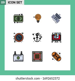 9 Símbolos de tiempo para señales de color plano de línea plana universal; reloj; bulbo; telecomunicaciones; elementos de diseño de vectores editables de comunicación