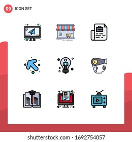 9 símbolos universales de color plano de línea plana Símbolos de idea; a la izquierda; compras; arriba; materiales para el diseño de vectores editables en bolsa