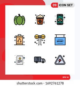 9 Universal Filledline Flat Color Signs Symbols of eyed; recycle; online; power; energy Editable Vector Design Elements