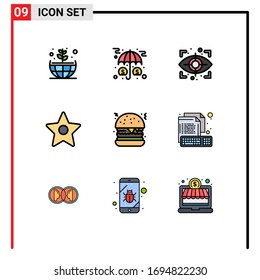 9 Símbolos de codificación de las señales de color plano de línea plana universal; comida rápida; ojo; hamburguesa; elementos de diseño de vectores editables para medios
